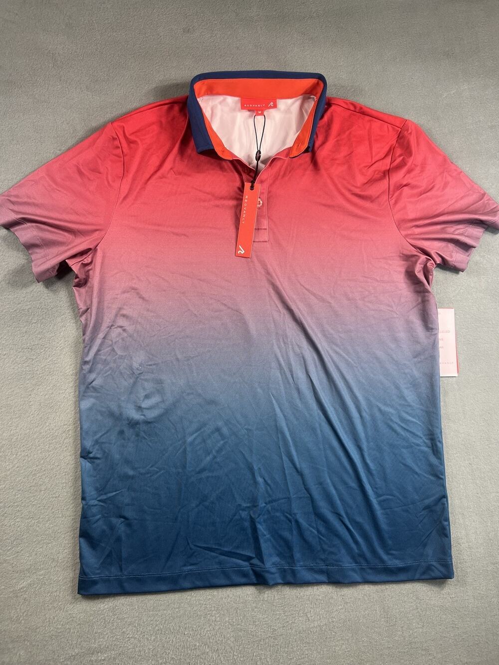 Redvanly Men's Medium Polo Shirt Blue Red Ombre Fade Golf Stretch Pickleball